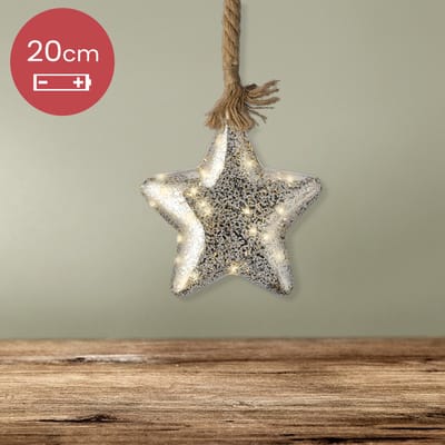 Kerstster met jute touw en 15 LED lampjes - 20cm - Zilver glas
