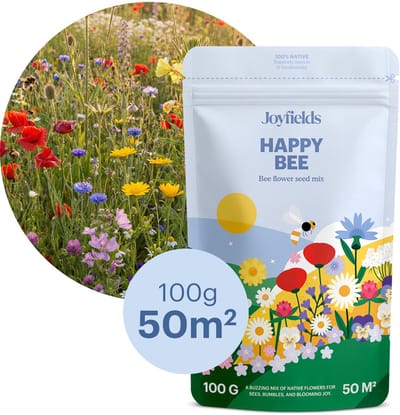 Joyfields Happy Bee - Inheems bijen- en hommelmengsel - 100 gram (50 m²) - Meerjarige wilde bloemen - Rijk aan nectar en stuifmeel - Voor tuinen en balkons