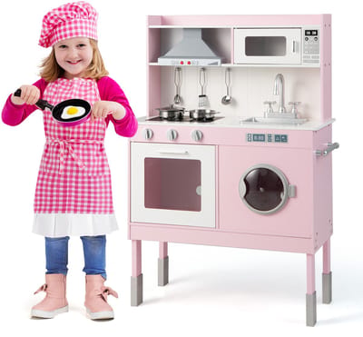 COSTWAY Kinderkeuken met speeltoebehoren, speelkeuken van hout incl. afzuigkap, wasmachine en echte geluiden en lichten, kokspeelset voor kinderen vanaf 3 jaar, roze
