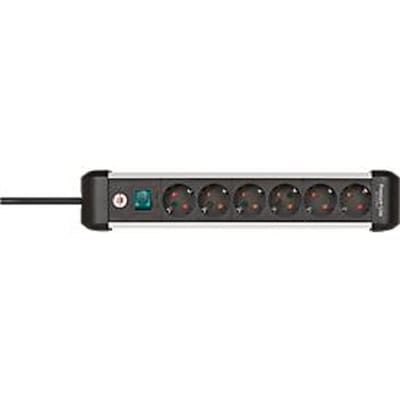 Brennenstuhl Premium-Alu-Line contactdoosstrook, 6-voudig, aluminium, 3m kabel, verlichte veiligheidsschakelaar, 45° opstelling, zwart/zilver