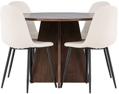 Bootcut eethoek tafel Ø110cm en 4 velours stoelen mocca.