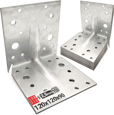 LUN FIX - Zware hoek 120x120x90 mm - 10 stuks - verzinkt staal 2,5 mm - plaathoek met montagehulp