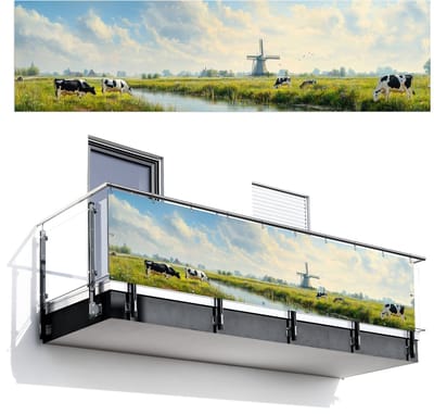 Balkonscherm 300x80 cm - Balkonposter Koeien - Windmolen - Weide - Blauw - Balkon scherm decoratie - Balkonschermen - Balkondoek zonnescherm