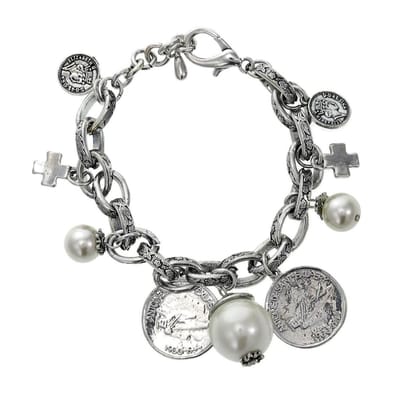 Behave - zilverkleurige armband met parels en bedels - vintage stijl