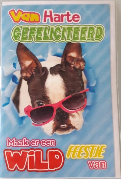 Van harte gefeliciteerd! Maak er een wild feestje van! Een grappige kaart met een hond die een zonnebril op heeft. Een leuke kaart om zo te geven of om bij een cadeau te voegen. Een dubbele wenskaart inclusief envelop en in folie verpakt.