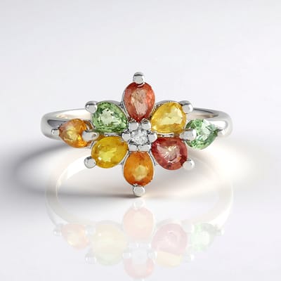 Cavill - Elegante Ring 925 Sterling Zilver Geplatineerd - 1,527 ct Blauwe Peervormige Saffier & Zirkoon - Bloemmotief Handgemaakt