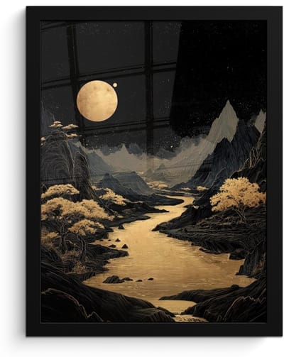 Poster in lijst - Fotolijst 30x40 cm - Posters - Gouden rivier - Bergen - Maan - Sterrenhemel - Posterlijst zwart - Decoratie - Wanddecoratie woonkamer - Muurdecoratie slaapkamer
