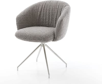 Eetkamerstoel Caja-Flex met armleuning kruisframe conisch roestvrij staal bouclé zilver grijs 180° draaibaar pocketveer kern