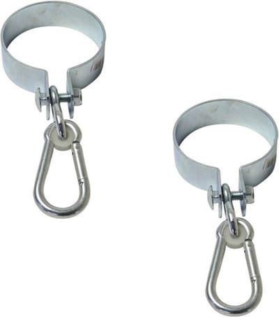 2x Schommelhaken rond / bevestigingshaken met spanband en karabijnhaak - diameter 10 cm - voor ophangen en bevestigen van schommels / voorwerpen - band schommelhaken / karabijnhaken
