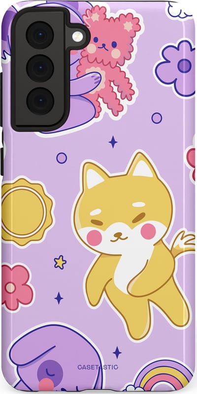 Casetastic hoesje geschikt voor Samsung Galaxy S21 FE 5G - Dubbellaagse bescherming - Knuffelvriendjes - Fashion Case - Lichtroze Lila Goud
