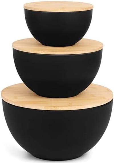 PromoHome 3-delig Saladekommen Set met Bamboe Deksels - Voedselveilige Plastic Serveerkommen voor Chips, Popcorn, Feesten - Inclusief 3 Maten (Klein, Medium, Groot) met Multifunctionele Snijplank Deksels - Zwart