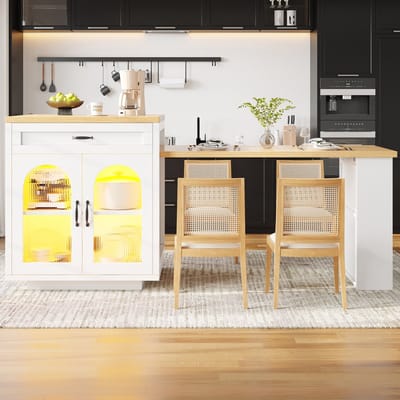 HAUSS SPOLE Keukenkast - Uitschuifbaar Keukeneiland Met Ledverlichting En 2 Lades - Voor Keuken En Eethoek - MDF - 126-196x59x94 Cm - Wit