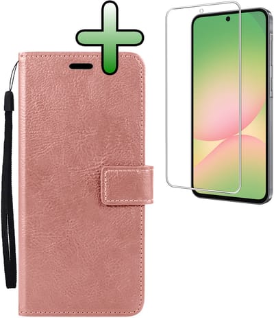 Hoesje Met Screenprotector - Geschikt voor Samsung Galaxy A56 - Luxe Pasjeshouder - Bookcase Portemonee - Flip Case - Kunstleer Book Case - Flipcase - Book Cover - Walletcase - Portemonneehoes - Rosé goud
