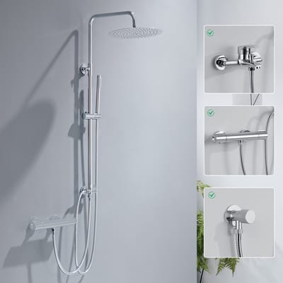 Auralum Max Luxe Regendoucheset - Glijstangset met Messing Omsteller - 25 cm RVS Ronde Douchekop & Handdouche - Zonder thermostaatkraan - Chroom