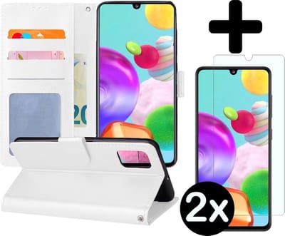 Hoesje - Met 2x Screenprotector - Geschikt voor Samsung Galaxy A41 - Luxe Pasjeshouder - Flip Case - Bookcase Portemonee - Kunstleer Book Case - Flipcase Hoes - Book Cover - Walletcase - Portemonneehoes - Telefoonhoes - Wit