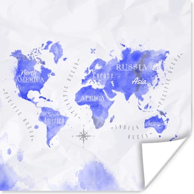 Poster 30x30 cm - Wereldkaart - Abstract - Waterverf - Posters - Kamer decoratie - Wanddecoratie woonkamer - Muurdecoratie slaapkamer