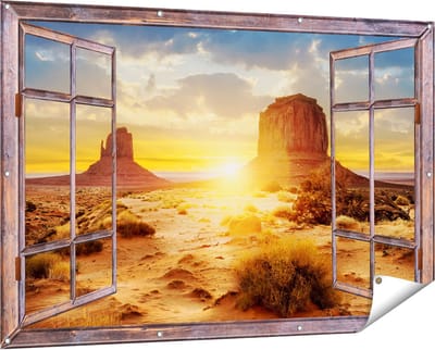 Gards Tuinposter Doorkijk Zonsondergang in Woestijn Monument Valley - 150x100 cm - Tuindoek - Tuindecoratie - Wanddecoratie buiten - Tuinschilderij
