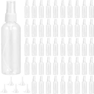 100ml heldere plastic sprayflessen met deksels - 50 stuks, navulbare kleine sprayflessen met 5 trechters, ideaal voor schoonmaken en reizen, fijne nevel sprayflessen