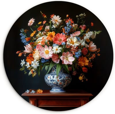 WallCircle® Wandcirkel 90x90 cm - Muurcirkel Boeket - Roze - Bloemen - Vaas - Muurdecoratie woonkamer - Wanddecoratie slaapkamer - Kamer decoratie accessoires - Ronde schilderijen