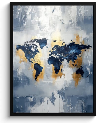 Poster in lijst - Fotolijst 60x80 cm - Posters - Wereldkaart - Blauw - Abstract - Posterlijst zwart - Decoratie - Wanddecoratie woonkamer - Muurdecoratie slaapkamer