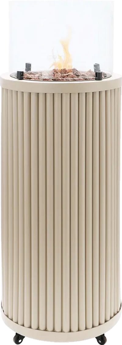 Cosipillar Curved Sandy Beige Gashaard Terrasverwarmer - Afmeting: ø 40 x 112 cm - Inclusief: 30mBar regelaar met gasslang, glas, lavastenen, batterij en wieltjes