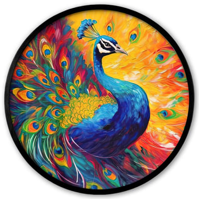 Poster in lijst Rond - Fotolijst 40x40 cm - Posters - Pauw - Kunst - Schilderij - Pauwenveren - Ronde posterlijst zwart - Decoratie - Wanddecoratie woonkamer - Muurdecoratie slaapkamer