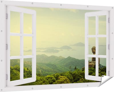 Gards Tuinposter Doorkijk Boeddha Standbeeld in het Bos - 180x120 cm - Tuindoek - Tuindecoratie - Wanddecoratie buiten - Tuinschilderij