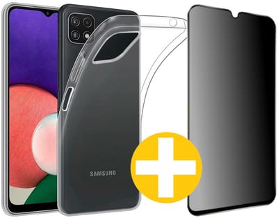 Hoesje en Privacy Screenprotector Combi Geschikt Voor Samsung A22 5G - Transparant Hoesje + Privacy Glas