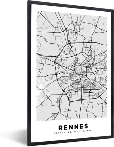 Fotolijst incl. Poster - Kaart - Stadskaart - Frankrijk - Rennes - Plattegrond - 40x60 cm - Posterlijst