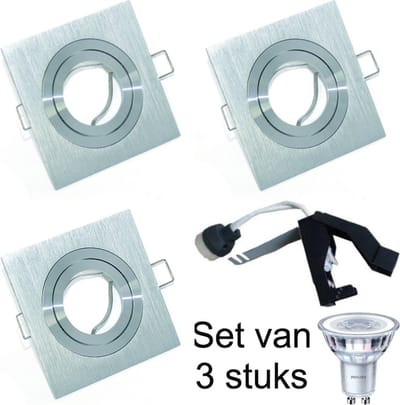 Inbouwspot Led 220Volt kantelbaar. Vierkant. Kleur geborsteld chroom. LED lamp Philips CorePro LEDspot 5W. Cool wit. Lichtkleur 830. 4000K. IP20. Dimbaar. GU10 fitting. 365 Lm. 230V. Boormaat 71-76mm. Buitenmaat 92mm. Set van 3 stuk(s).
