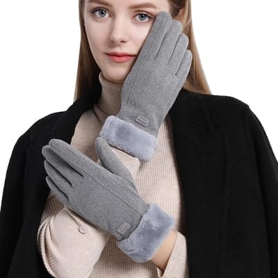Winterhandschoenen - Suede - Touchscreen handschoenen - Fleece voering - Met bontkraag - Antislip - Winddicht - Warm - Grijs