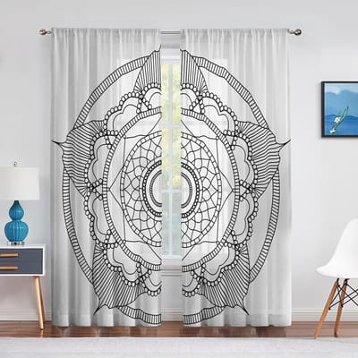 Zwart en Wit Boho Mandala Patroon Tule Gordijnen voor Woonkamer Slaapkamer Decoratie Transparante Chiffon Sheer Voile Raamgordijn 1 PCS W100XH250cm&Grommet Top