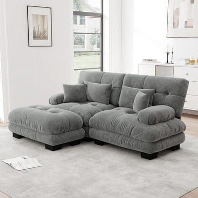 Modulaire Wolkensofa Chenille - 2-Zits Hoekbank Met Hocker - Zachte Ribstof Bekleding - Grijs - Inclusief Lendenkussens En Sierkussens