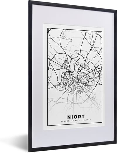 Fotolijst incl. Poster Zwart Wit- Niort - Stadskaart - Plattegrond - Kaart - Frankrijk - Zwart wit - 40x60 cm - Posterlijst