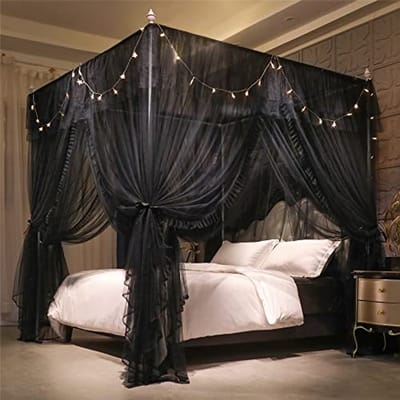 4 Hoeken Post Ruches Prinses Bed Luifel Gordijn - Dubbellaags Gezellig Drapeer Netting Klamboe voor Meisjes Volwassenen Slaapkamer Decoratie
