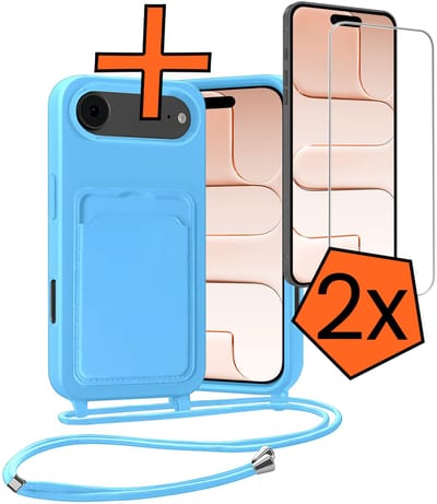 Hoesje Geschikt voor iPhone Air Hoesje Met Telefoonketting Pasjeshouder Case Met 2x Screenprotector Koord - Hoesje Geschikt voor iPhone Air Hoes Met Kaarthouder - Lichtblauw
