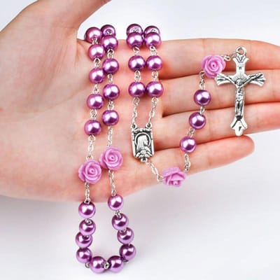 Katholieke Paarse Glazen Kralen Rozenkrans Ketting Voor Vrouwen INRI Kruis Kruisbeeld Hanger Rozenketting Mode Religie Sieraden beige
