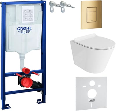 Inbouwreservoir Complete Toiletset Grohe Solido 39069000 - Inbouw WC Hangtoilet Wandcloset Galve Wit Hoogglans - Bedieningsplaat Skate Cosmopolitan 38732GL0 Gouden - Voorwandelement
