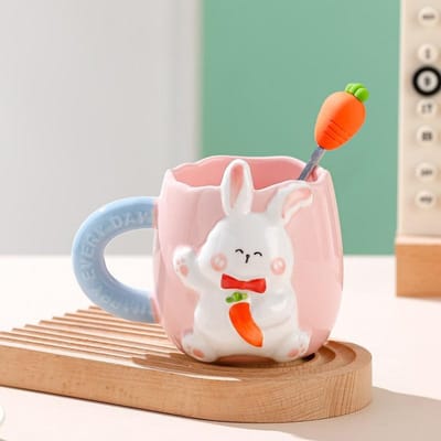 Handbeschilderde Keramische Leuke Konijn Reliëf Mok Huishoudelijke Koffiekopje Koppels Waterbeker Meisjes Cadeau Souvenir Cadeau 301—400ml blue