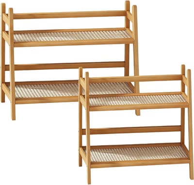 Thijox - Set van 2 Houten Keukenrekken, Kruidenrek, Organizer voor Specerijen, Opbergrek voor Keuken, Trappenrek, Stapelbare Planken, Keukenaccessoire
