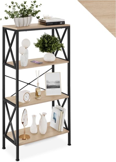 tectake® Kast met 4 Niveaus – Houten Staande Kast met Zijdelingse X-Beugels – 61,5 x 31,5 x 133,5 cm – Industriële Kast voor Woonkamer, Kantoor & Keuken – Zwart Metaal Frame - lichtbruin