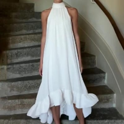 Nieuwe Dameskleding Elegant en Modieus Mouwloos Effen Kleur Geplisseerde Halterjurk 3XL wit