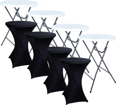 BRASQ Statafel Wit/Grijs – Ø80 cm – Set van 4 – Staantafel – Partytafel – Bartafel – Inclusief 4x Zwarte Statafelrok – Vouwtafel – Inklapbaar – Voor Binnen en Buiten – Kunststof en Metaal