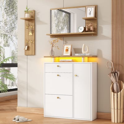 DESMIU Garderobeset - Met Spiegel LED En Schoenenkast - Ruimtebesparend Voor Hal En Entree - Spaanplaat Wit - 105x25x151,5 Cm