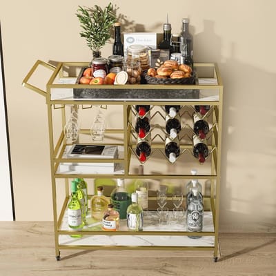 3-Tier Mobiele Dranken Trolley - Moderne Serveerwagen met Wijnrek en Glazen Houder voor Thuis en Feesten