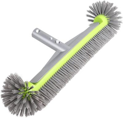 Ronde zwembadborstel met gebogen haren, ideaal voor het reinigen van zwembadwanden en -trappen, ook geschikt voor badkamergebruik.