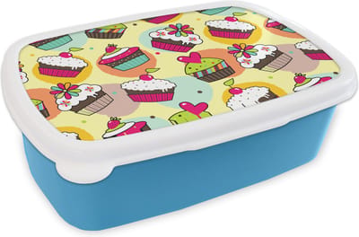 Broodtrommel Blauw - Lunchbox - Brooddoos - Meisjes - Cupcake - Patronen - Girl - Kids - Kinderen - Kindje - 18x12x6 cm - Kinderen - Jongen