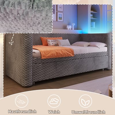 Dagbed-Slaapbank - 90x200 cm Wordt 180x200 cm - Grijs Fluweel Met Ledstrip En App-Bediening