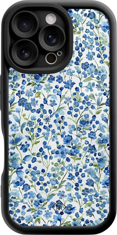 Casimoda® hoesje - Geschikt voor iPhone 16 Pro - Vintage Blue Floral - Effen telefoonhoesje met lensbescherming - Siliconen/TPU - Backcover - Blauw