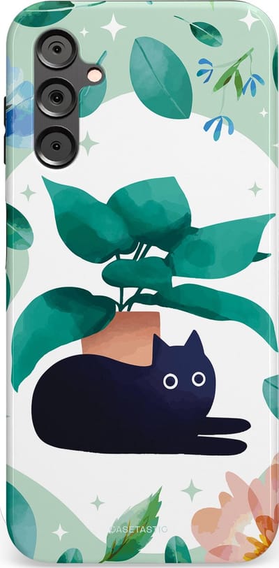 Casetastic hoesje geschikt voor Samsung Galaxy A14 (2023) 5G / Samsung Galaxy A14 (2023) 4G - Dubbellaagse bescherming - Plantenkat - Fashion Case - Lichtgrijs Turquoise Wit Mintgroen